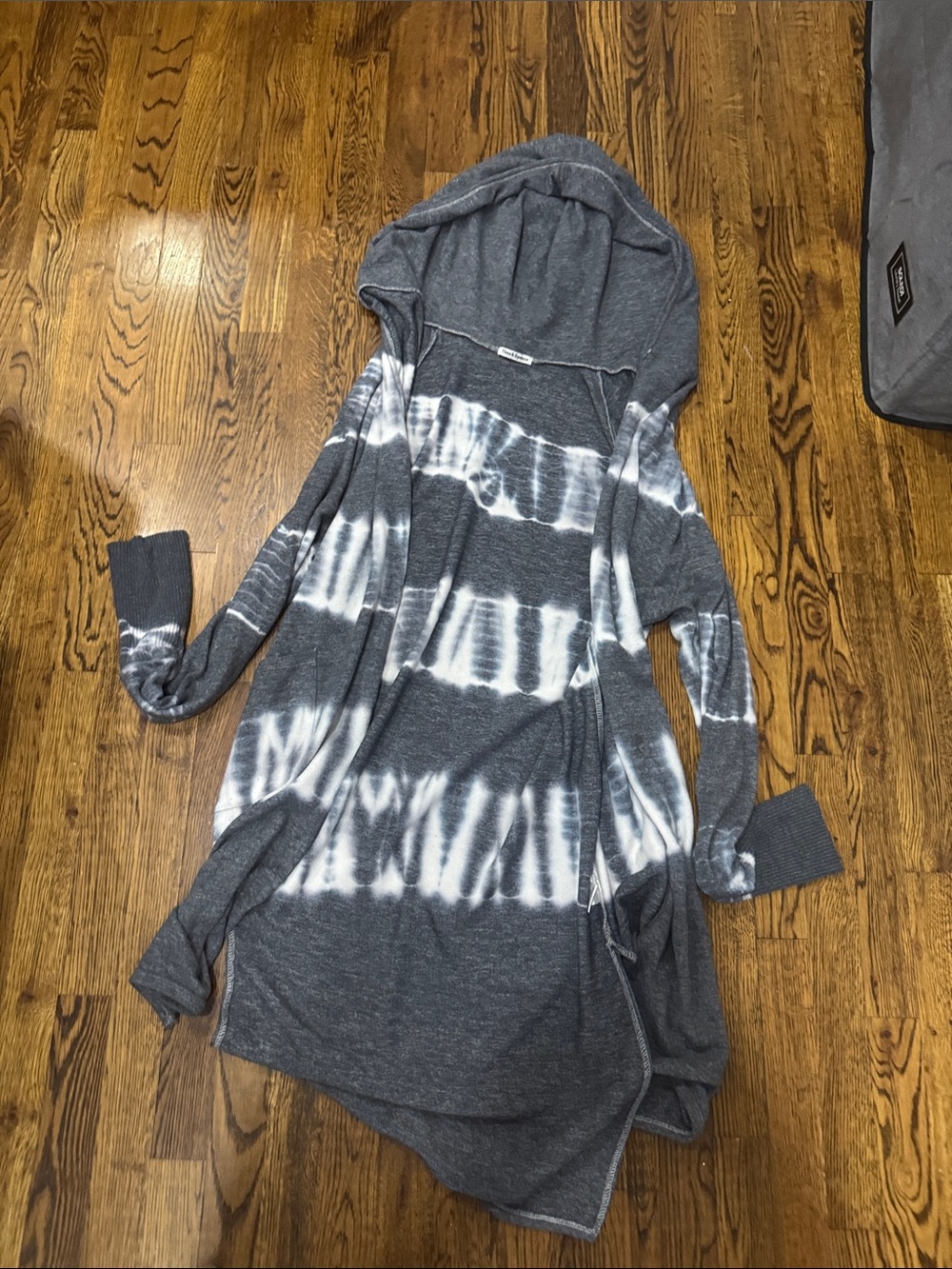 Gray and White Tie-Dye Hooded Open-Front Cardigan